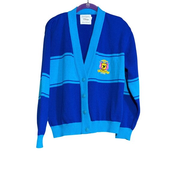 Vintage Disney Store Cast Member Cardigan Sweater Blue Stripes Embroidered Crest - Picture 1 of 16